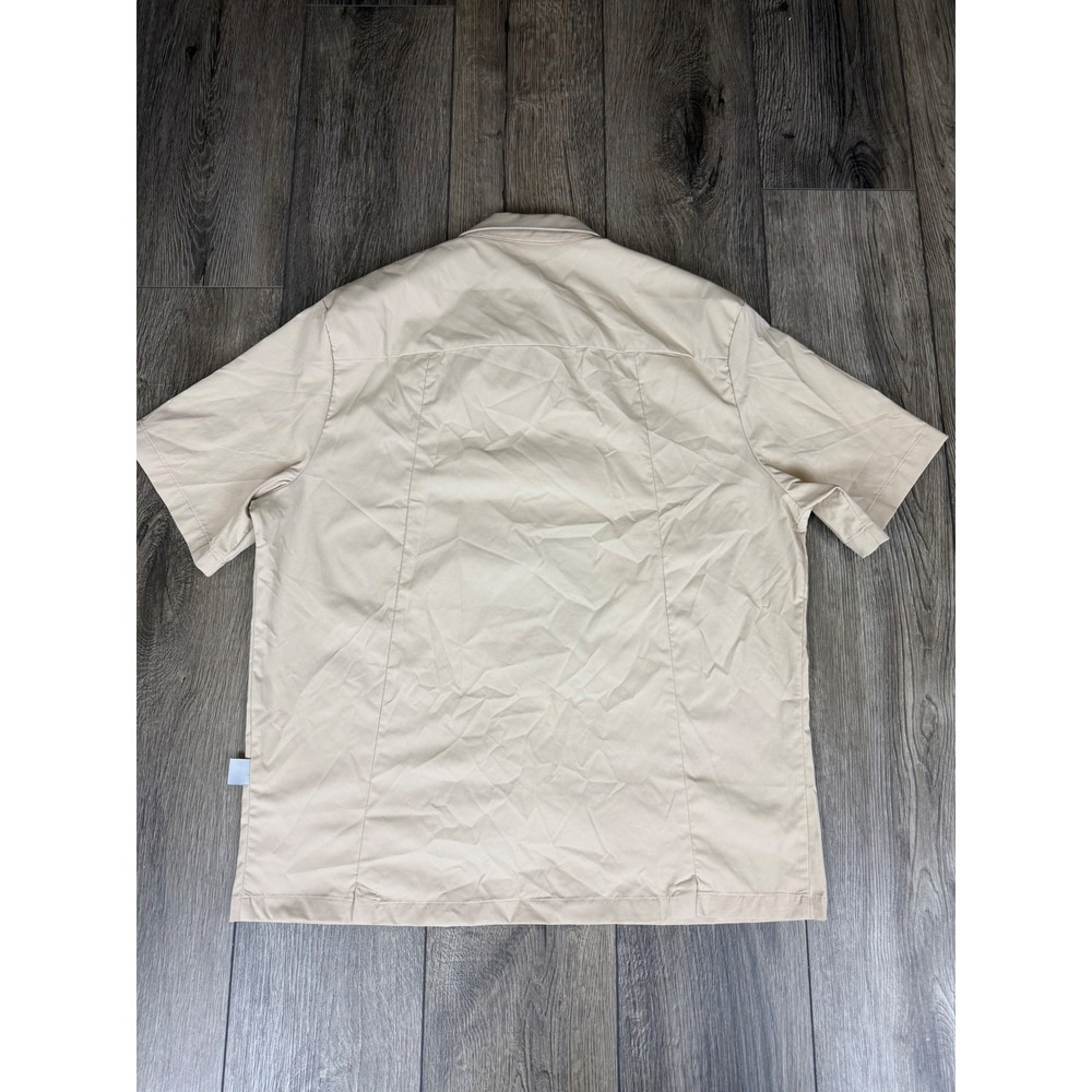 HEYTEA Camp Collar Snap Front Short Sleeve Shirt Tan Large Streetwear Minimalist - Picture 2 of 12